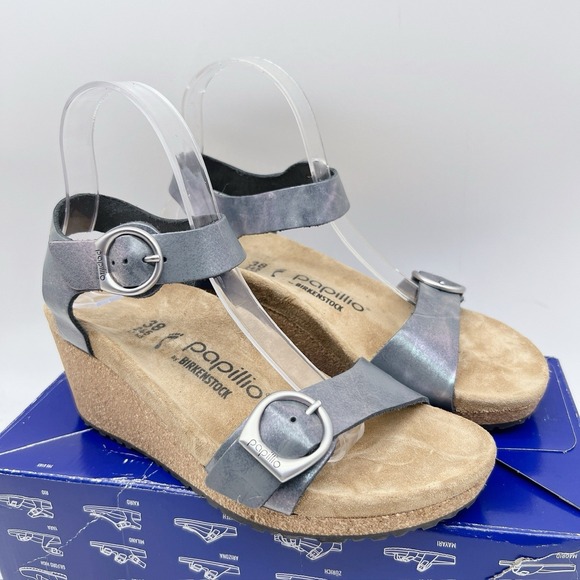 Birkenstock Papillio Soley Ring Buckle Sandal Metallic Black Wedge EU 38 - Picture 2 of 12